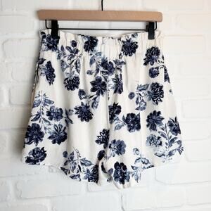 Lush Floral High Waisted Linen Shorts White Blue Lined Pockets Elastic Waist S